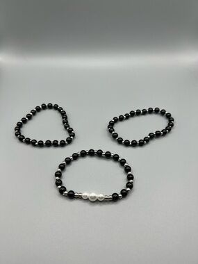 Black Beaded Stretch Bracelets with Pearl Accent - Handmade #B0241T